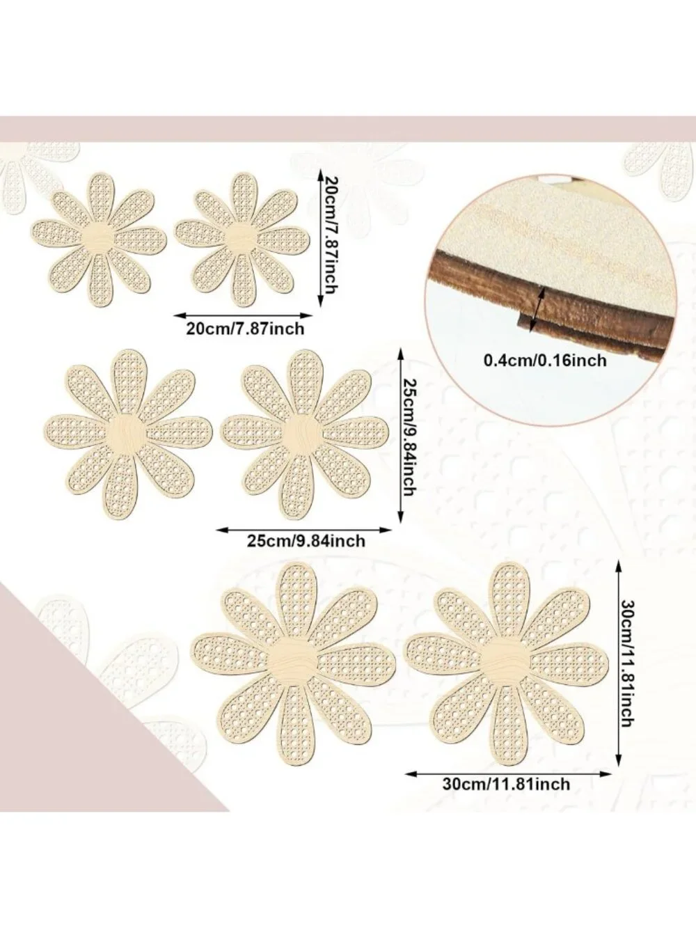 Boho Wooden Daisy Flower Wall Decor Set - 6 Pcs Rustic Home Accent Decor